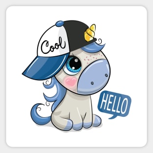 Little cute unicorn in a baseball cap says hello Sticker